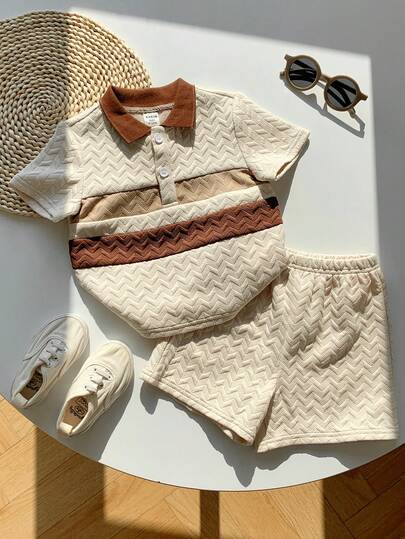 SHEIN Set de 2 piezas de camisa tipo polo y pantalones cortos de color caqui y albaricoque para niño pequeño, adecuado para fiesta de cumpleaños, fiesta de noche, actuación, boda, celebración de luna llena, bautizo y primer cumpleaños