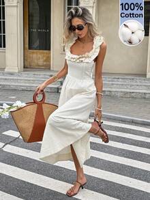 Serisse 女士度假纯色方领荷叶边露背系带中长连衣裙 - 杏色 - 查看 5