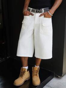 Manfinity Hypemode 男士休闲街头风多口袋白色牛仔短裤 - 白色 - 查看 7