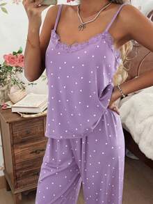 ZzzCrew Women's Knitted Ribbed Contrast Lace Sleepwear Set, Lavender Heart Print Sexy Chic Camisole And Lounge Pants, Suitable For All Seasons Polka Dot Pajama Set Pajama Party Set For Ladies Pajamas Set Women Two Piece Pj Sets For Women Sleep Clothes For Women - Purple - View 4