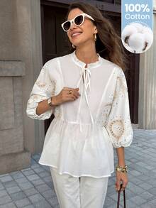 Solivie Women's White Embroidered Blouse, Elegant Holiday Doll Shirt - White - View 9