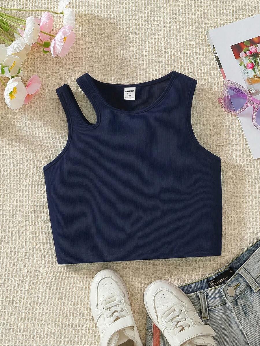 SHEIN 少女纯色圆领休闲百搭日常上衣 - 藍色 - 查看 1