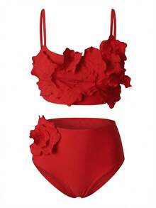 Swim Vcay 女士夏季沙滩亮粉色纯色3D花朵装饰比基尼套装 夏季两件套 - 紅色 - 查看 5