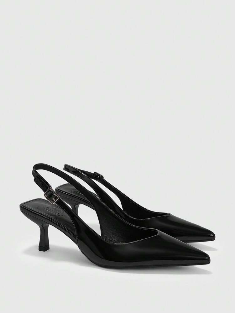 CUCCOO BIZCHIC Women Shoes Spring And Summer New Pointed Thin Heel Medium Heel Black Comfortable Versatile Temperament Elegant Glossy Low Vamp Slingback Commuter Dating Daily Wear Solid Color Women's High Heel Shoes