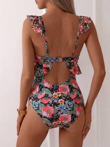 SHEIN Swim Women's One-Piece Tropical Cute Ditsy Floral Ruffled Hem Vacation Swimsuit - Multicolor - View 2