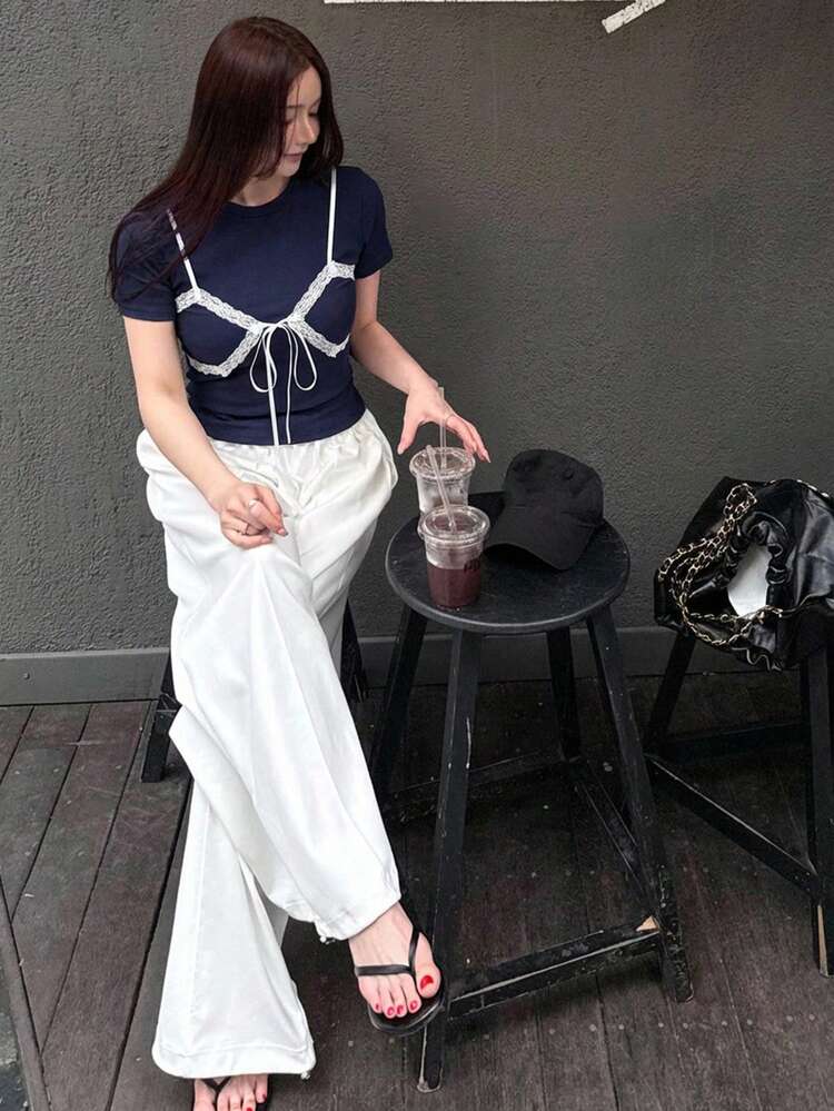 Women's Casual Colorblock Lace Trim Tie Front T-Shirt, Summer