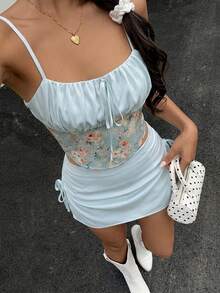 K-Vae Women's Light Blue Floral Summer Cute Vacation Holiday Outfit,Satin Patchwork Printed Strapless Bustier Crop Top And Ruched Bodycon Mini Skirt Set - Green - View 6