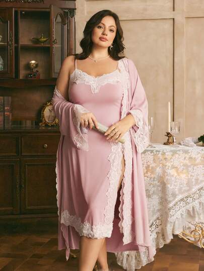 Southern France Mature Elegant Contrast Color Lace Camisole Dress & Robe 2 Pieces Set, Plus Size