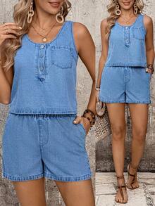 EMERY ROSE 女士夏季休闲度假通勤半扣无袖背心和侧袋牛仔短裤套装 夏季嘉年华服装 通勤度假毕业时尚 Y2K 可爱街头风派对婚礼优雅商务休闲女装 女士时尚牛仔背心带松紧腰抽绳短裤套装 休闲夏季两件套连体裤套装 浅蓝色牛仔无袖亨利领上衣和松紧腰短裤 女士时尚休闲夏季两件套 - 藍色 - 查看 8