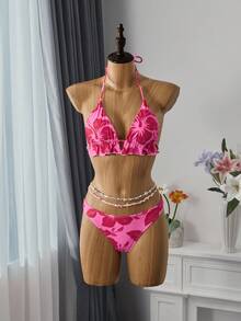 Vaytide Conjunto de bikini con estampado floral, sujetador halter, parte inferior hipster y falda de playa, traje de baño de 3 piezas - Multicolor - Ver 8