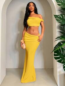SHEIN SXY 两件套夏季休闲优雅度假纯色钩针编织套装 - 不对称露肩短款上衣和卷腰鱼尾裙，假日旅行服装 - 黃色 - 查看 3