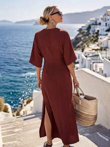 SHEIN Holidaya Đầm nữ màu trơn, eo xoắn, tay lửng, thích hợp cho kỳ nghỉ. - Rỉ Nâu - Xem 2
