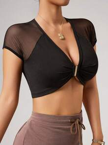 Slayform Slayform Women's V-Neck Mesh Ruffle Casual Versatile Date Outing Sports T-Shirt - Black - View 4