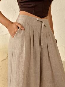 Bóhologie Bow Front Slant Pocket Fold Pleated Wide Leg Pants - Beige - View 6