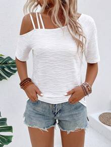 Lymera Áo thun công sở thường ngày tay lệch, chất liệu dệt jacquard mềm mại, họa tiết tinh tế, kiểu dáng tối giản và đa năng, phù hợp cho mọi dịp, mùa Xuân/Hè. - trắng - Xem 5