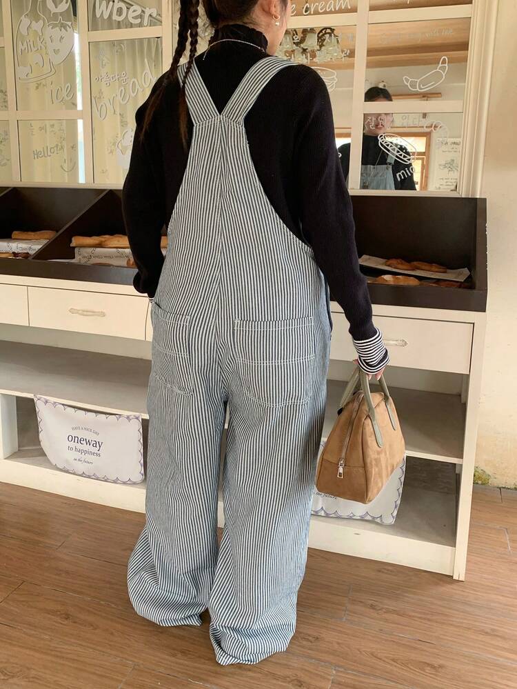 Dazy Plus Fashionable Striped Loose Casual Bib Pants With Pockets, Plus Size Women Long Denim Jumpsuit