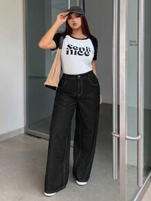 Dazy Plus 深色水洗宽松直筒长牛仔裤，四季皆宜 - 黑色 - 查看 3