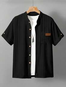 SHEIN 青少年男童休闲条纹立领衬衫，舒适百搭，适合日常、通勤、度假穿着。 - 黑色 - 查看 1