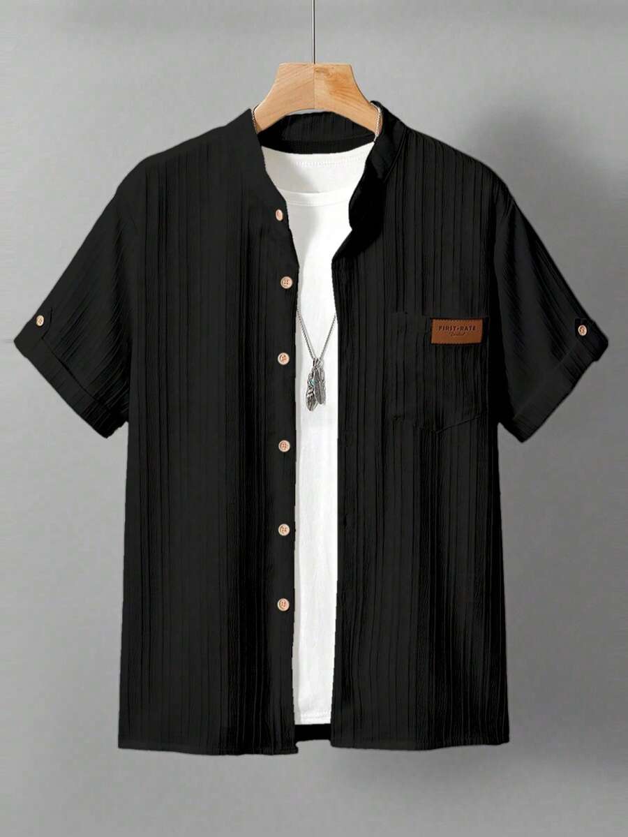 SHEIN 青少年男童休闲条纹立领衬衫,舒适百搭,适合日常、通勤、度假穿着。 - 黑色 - 查看 1