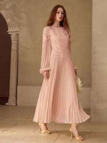 MOTF PREMIUM ROBE LONGUE ÉLÉGANTE ET ROMANTIQUE POUR FEMMES, PATCHWORK EN DENTELLE ET PLISSÉE, PRINTEMPS/ÉTÉ - Vieux Rose - Voir 5