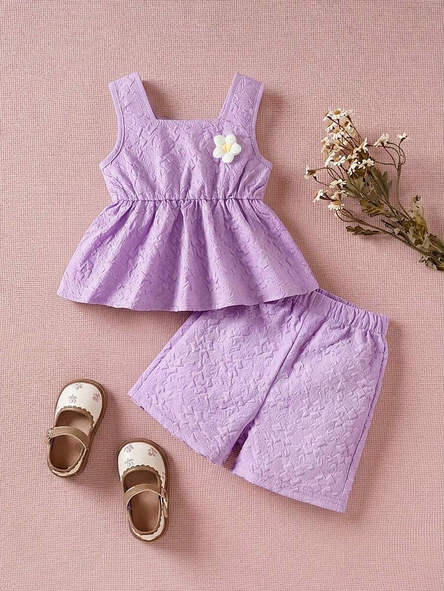 SHEIN 2件套女婴休闲碎花装饰背心+短裤套装 - 紫色 - 查看 1