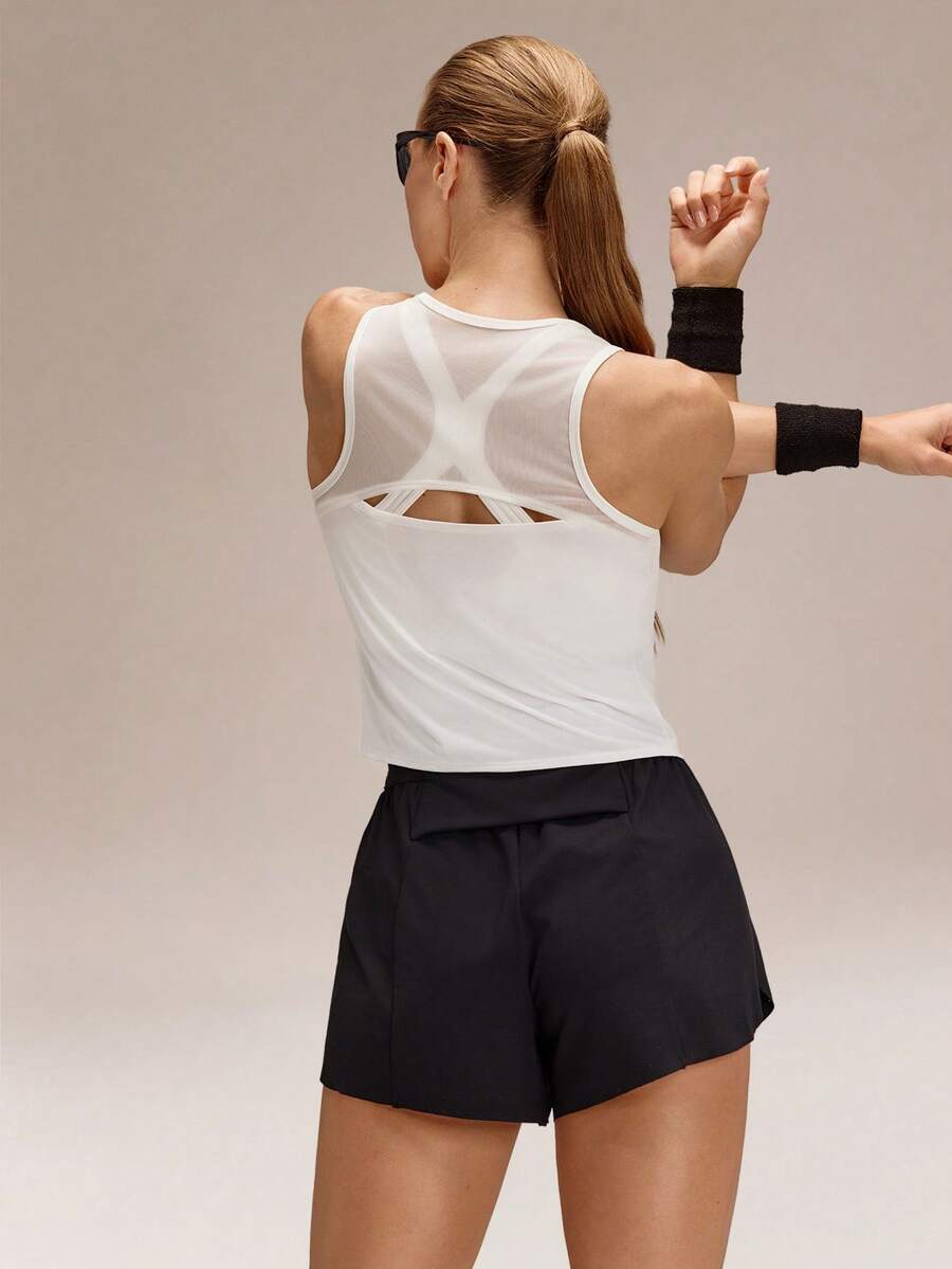 GLOWMODE Ultrafine Soft Seamless Rise & Run Waist Length Sweat-Wicking Back Mesh Panels Regular Fit Muscle Tank Running Jogging Training Tennis Golf Workout Gym Wear - White - View 1