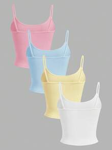 SHEIN EZwear 4件套女士紧身露脐休闲背心，粉色、蓝色、黄色、白色，适合夏季穿着 - 彩色 - 查看 2