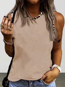 SHEIN VCAY Áo vest cổ tròn in họa tiết da báo phối màu tương phản, kiểu dáng thời trang, năng động, đa năng dành cho nữ. - Màu Khaki - Xem 3