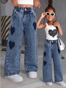 Girls' Heavy Washed Heart Patch Elastic Waist Loose Jeans - Medium Wash - View 1
