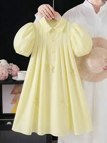 SHEIN Elladie kids Gaun Anak Perempuan Warna Polos Lengan Pendek Mengembang dengan Hiasan Pita di Bagian Belakang - Kuning - View 2