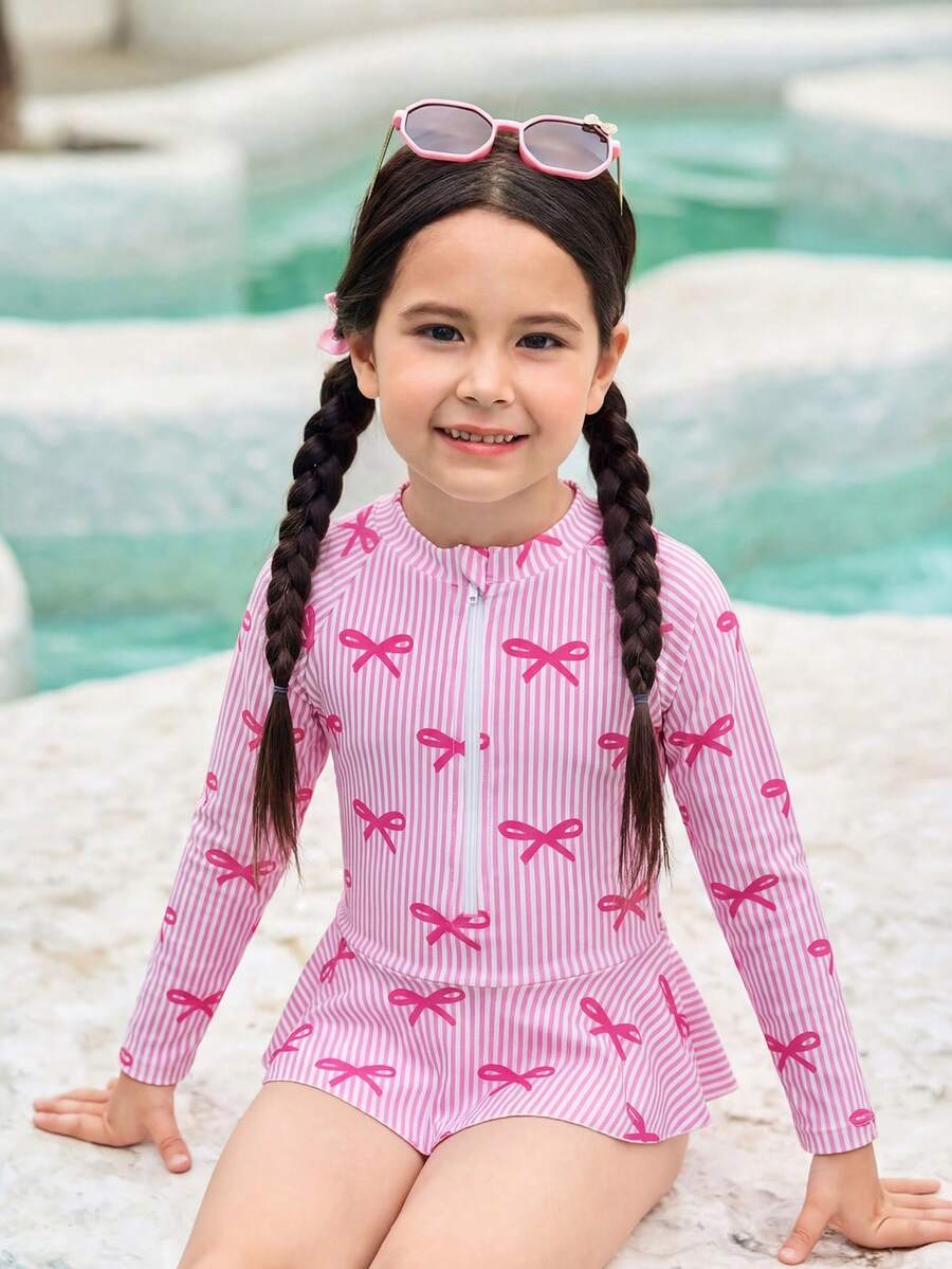 Sparklyn 适合海滩度假的少女条纹蝴蝶结印花连体泳衣 - 玫紅色 - 查看 1