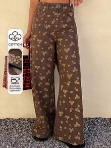 DAZY Quần jeans nữ ống đứng dáng rộng, cạp thấp, in họa tiết, màu nâu, thích hợp mặc thường ngày. - màu nâu - Xem 1