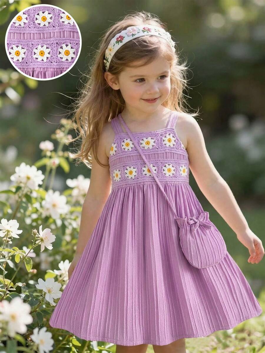 SHEIN Elladie kids 女童紫色钩花边连衣裙及配套可爱圆形包包,夏季休闲度假户外运动连衣裙 - 淡紫色 - 查看 1
