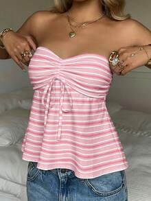 CovetEZ Women's Casual Minimalist Sweet American Style Pink & White Striped Print Blouse - Retro Y2K Soft Girl Clean Girl Look, Perfect For Summer Vacation, Western Festival, Beach, College, Back To School, S - Multicolor - View 4