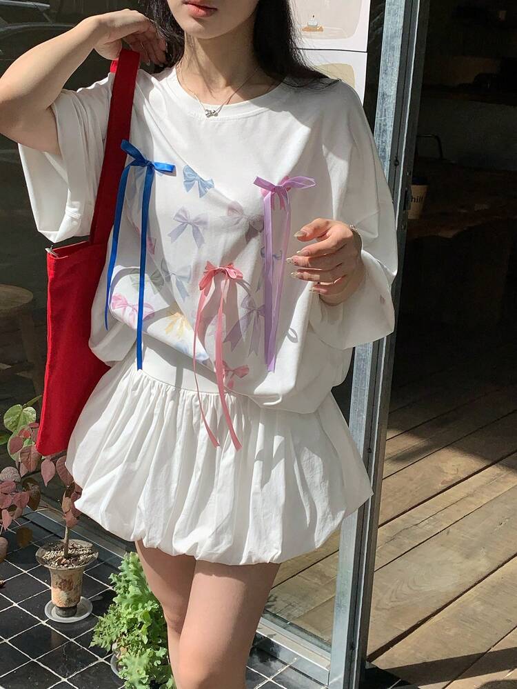 Women's Summer Round Neck Short Sleeve Loose Bowknot Decor Printed Casual Oversized T-Shirt