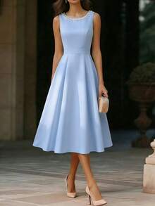 Franclia 女士春夏新款白色圆领珍珠装饰收腰中长连衣裙，适合外出、度假、下午茶、日常约会、聚会等场合，长款无袖连衣裙 - 天藍色 - 查看 5