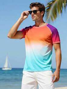 Manfinity Swimmode Áo chống nắng tay raglan phối màu chuyển sắc dành cho nam, đồ bơi mùa hè. - Màu Cam san hô - Xem 3