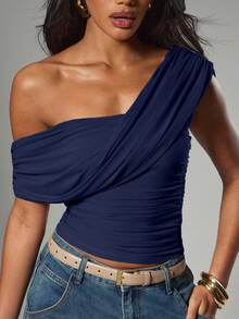 Hauture Blusa casual y sexy de unicolor con un hombro asimétrico y drapeado para mujer - Azul Marino - Ver 6