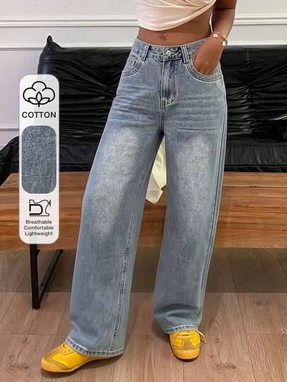 DAZY Jeans rectos de cintura alta lavados para mujer, ideales para vacaciones