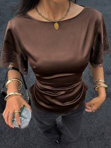 Siren Gaze 新款春夏女士缎面蕾丝拼接腰身衬衫 - 棕色 - 查看 6