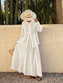 Livesso Bộ trang phục nghỉ hè cho nữ - Áo ren cổ tròn tay raglan màu trắng và chân váy kiểu dáng thường ngày. - Màu be - Xem 4