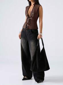 LYSMO 2026 New Minimalist V-Neck Sleeveless Tie-Front Button Decor Summer Vest For Women, Suitable For Outdoor, Work/Business Casual, Office Wear, As Well As Holiday/Boho Occasions - Brown - View 7