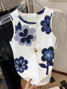 Camiseta de tirantes de cuello redondo con estampado floral casual, verano - Multicolor 10 - Ver 4