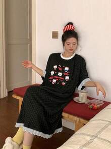 DAZY Áo ngủ mặc nhà in họa tiết chấm bi hoạt hình dành cho thiếu nữ - màu đen - Xem 6