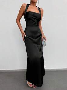EURMUSE Ladies' Satin Backless Maxi Dress - Black - View 5