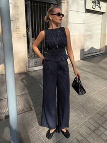 Siren Gaze 藏蓝色条纹无袖上衣和裤子休闲通勤套装，女士，春夏款 - 藏蓝色 - 查看 5