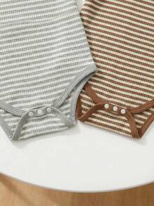 SHEIN 2pcs/Set Infant Baby Boys' Striped Envelope Collar Knit Short Sleeve Romper,Blue White Stripe,Summer,Casual,Family Matching Mocha Brown Bodysuits - Multicolor - View 4