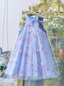 SHEIN 甜美梦幻的少女连衣裙，3D立体网纱蓝色吊带连衣裙，优雅独特，适合派对、外出和日常生活，少女夏季连衣裙 - 藍色 - 查看 3