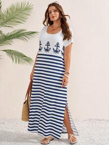 Rosumi Vestido casual de mujer talla grande con cuello redondo, manga corta y bolsillo con estampado de rayas - Multicolor - Ver 6