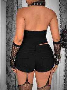 Whyspr Blusa casual y versátil para citas y salidas para mujer talla grande, de unicolor, con decoración de ojales, cuello halter, espalda descubierta y bajo irregular - Negro - Ver 2